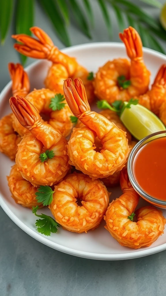 Gluten-Free Air Fryer Coconut Shrimp Recipe Crispy coconut shrimp on a plate with sweet chili sauce and garnished with cilantro and lime.